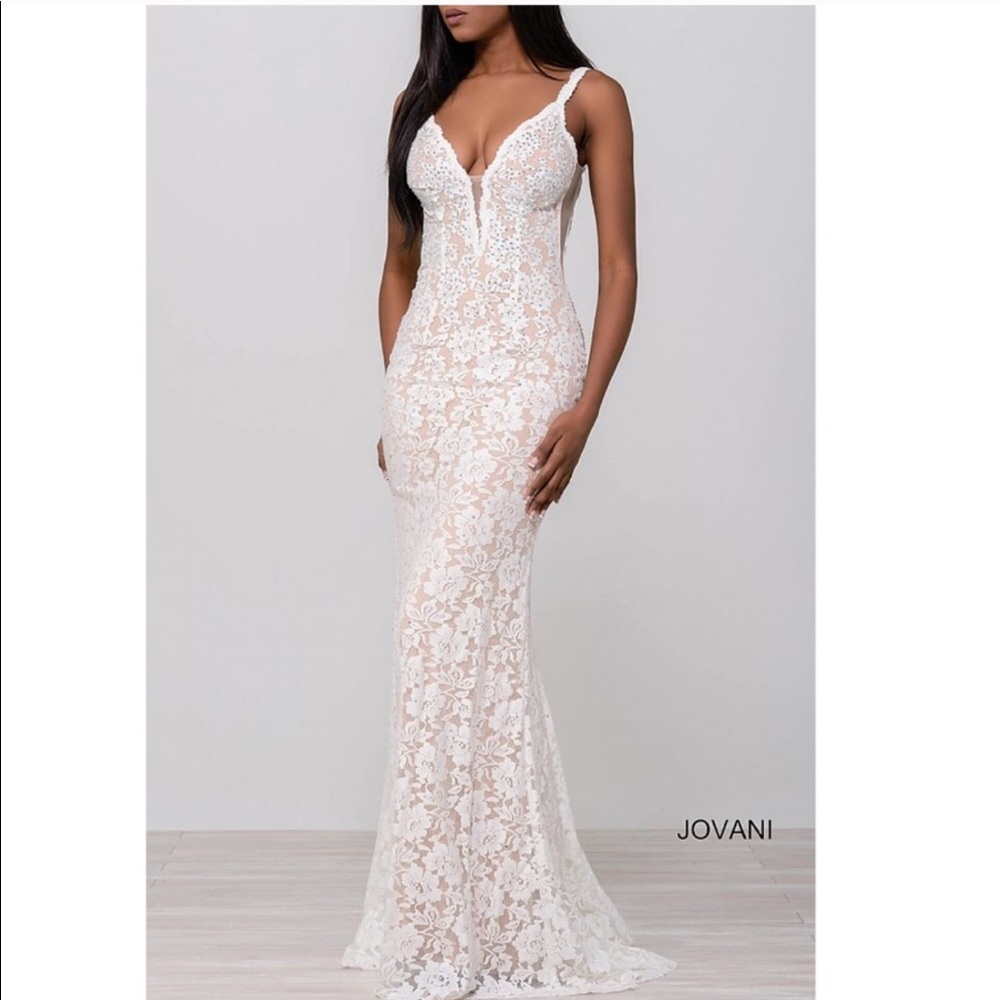 Jovani White Lace Fitted Prom Gown